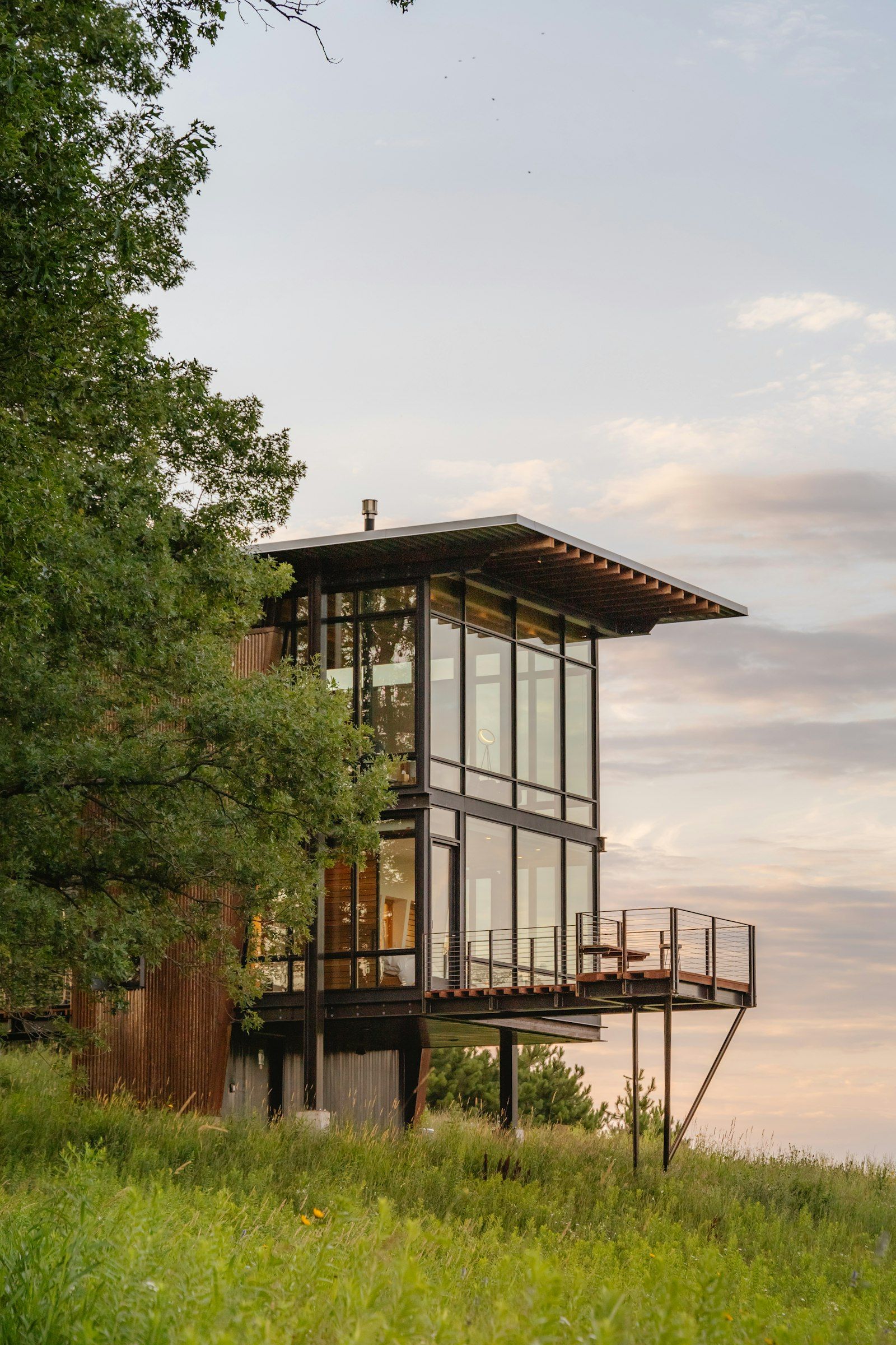 A timber and glass house among tall trees